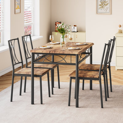 Space-Saving 5 Piece Dining Table Set for 4 – Rectangular Metal and Wood Kitchen Table with 4 Chairs – Compact Dining Room Furniture for Small Apartme