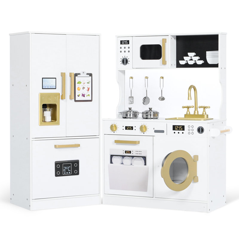 Wooden Play Kitchen Set for Kids with Sink, Freezer, Ice Maker, Washing Machine & Accessories Large Storage & Realistic Features