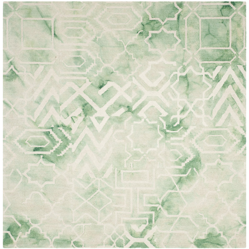 Hallette Hand Tufted Wool/Cotton Geometric Rug in Green, Square 5'