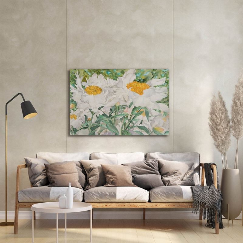 «White Peony» par Sharon Pitts, art mural en verre acrylique, H 24 po x l 36 po x P 0,2 po