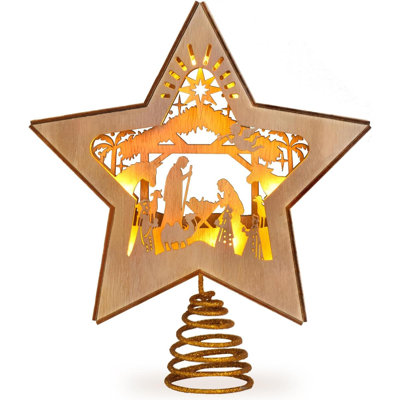 Christmas Tree Star Topper Lighted, 3D Wooden Nativity Scene Star For Christmas Tree, Nativity Set Christmas Tree Decorations, LED Xmas Decor Ornaments For Indoor (Nativity)