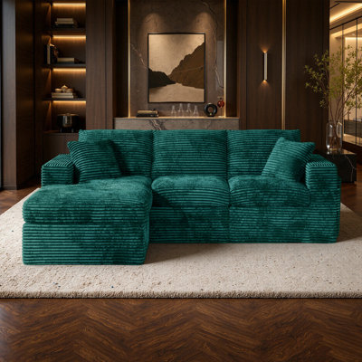 Canapé d'angle modulaire réversible de 244 cm de large en velours côtelé sans ossature, avec méridienne et poches de rangement latérales, vert