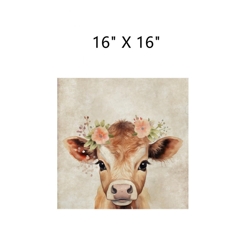 Bébé vache portant une couronne, art mural en toile non encadrée 16 po x 16 po