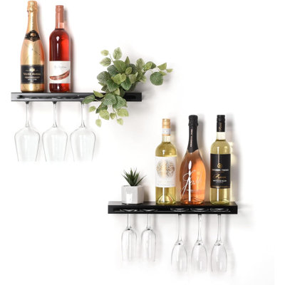 Floating Wall Mount Wine Rack 2-Pack, Metal Bar Shelf Holds 5 Wine Bottles And 4-6 Glasses, Space-Saving Storage For Kitchen Or Bar by Ivy Bronx