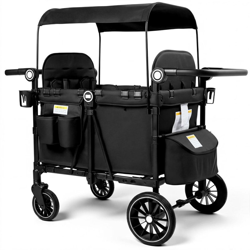 4-Seater Foldable Wagon Stroller with Canopy and Adjustable Handle for Kids,Black, Black