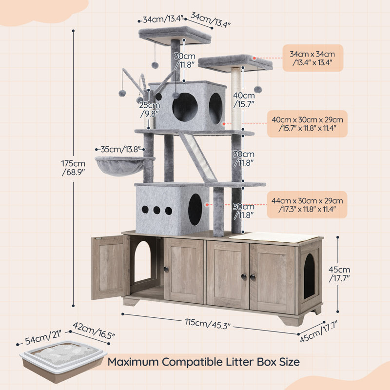 45.3"L x 68.9"H Cat Tree with Double Litter Box Enclosure