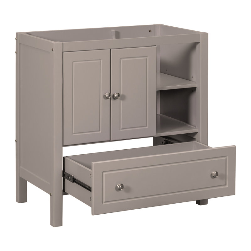 Base de meuble-lavabo 30 po seulement, structure en bois massif, armoire de rangement pour salle de bain avec portes et tiroirs, gris
