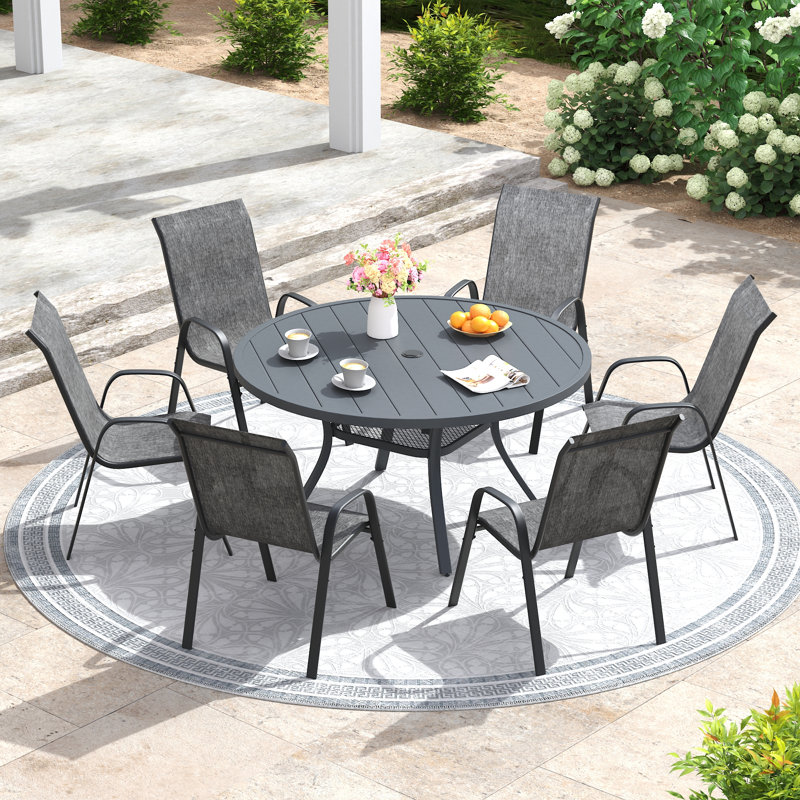 Ensemble repas pour patio 6 personnes avec chaises empilables, Gris, H 28 po x l 47,2 po x P 47,2 po, 6