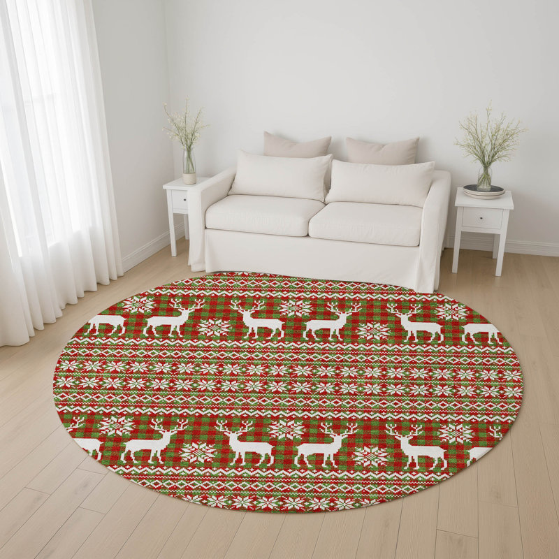 Premium Machine Washable Dockside AMF1820 Reindeers and Snowflakes Rug, Round 8'