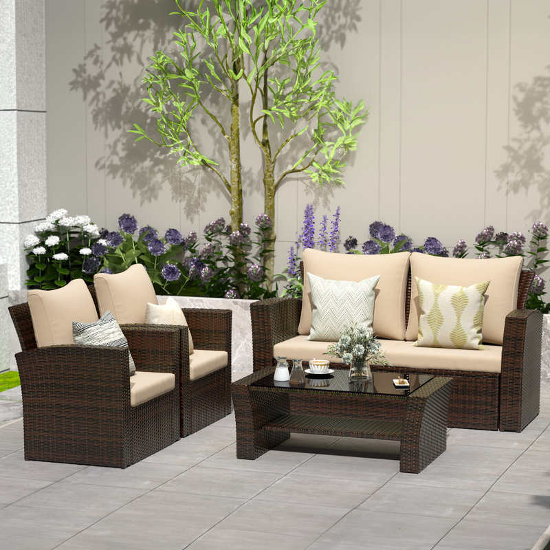 Arora 4-Person Wicker Outdoor Patio Set with Olefin Back&Seat Cushions, Brown Frame/Beige Cushion