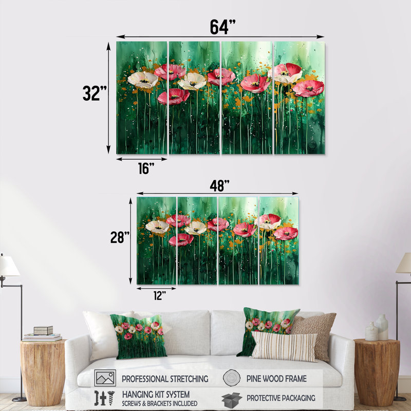 Emerald Dance of the Poppies II - Art mural - Ensemble de décoration murale, H 32 po x l 64 po, 4
