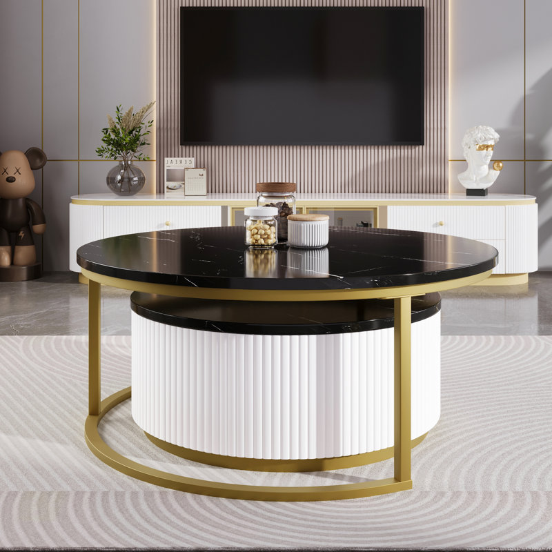 Table basse de salle à manger moderne noire et dorée avec emboîtement et tiroir