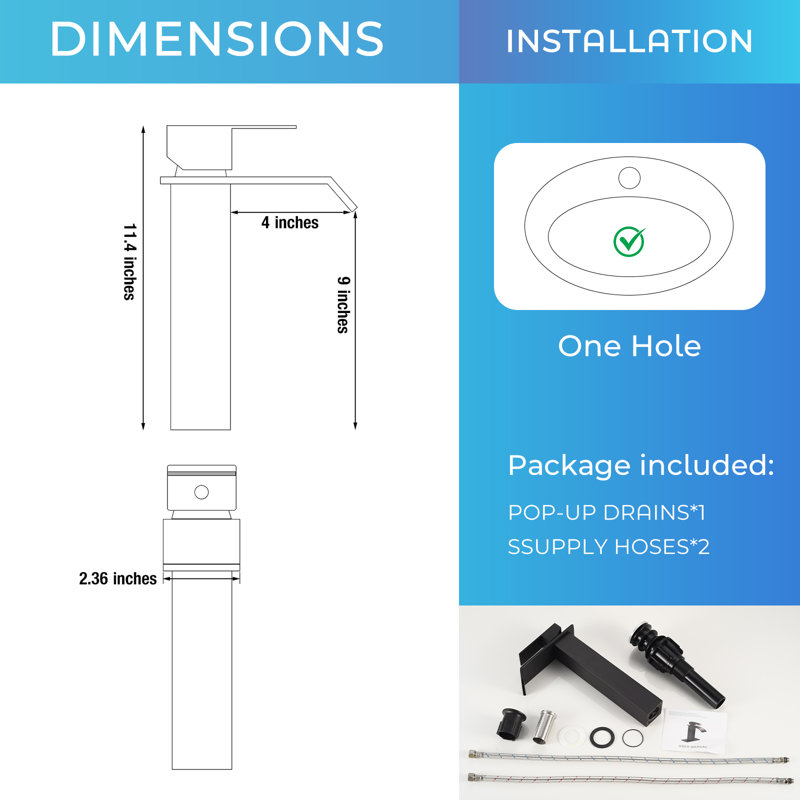 Waterfall Bathroom Vessel Faucet With Pop-Up Drain Single Hole Bathroom Vessel Sink Faucets Stainless Steel Single Handle Tall Bathroom Vanity Basin Taps