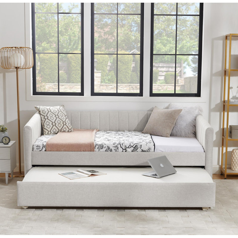 Daybed With Trundle Upholstered Sofa Bed, With Vertical Stripes, Linen Fabric, (82.5"X58"X30"), Twin, Beige