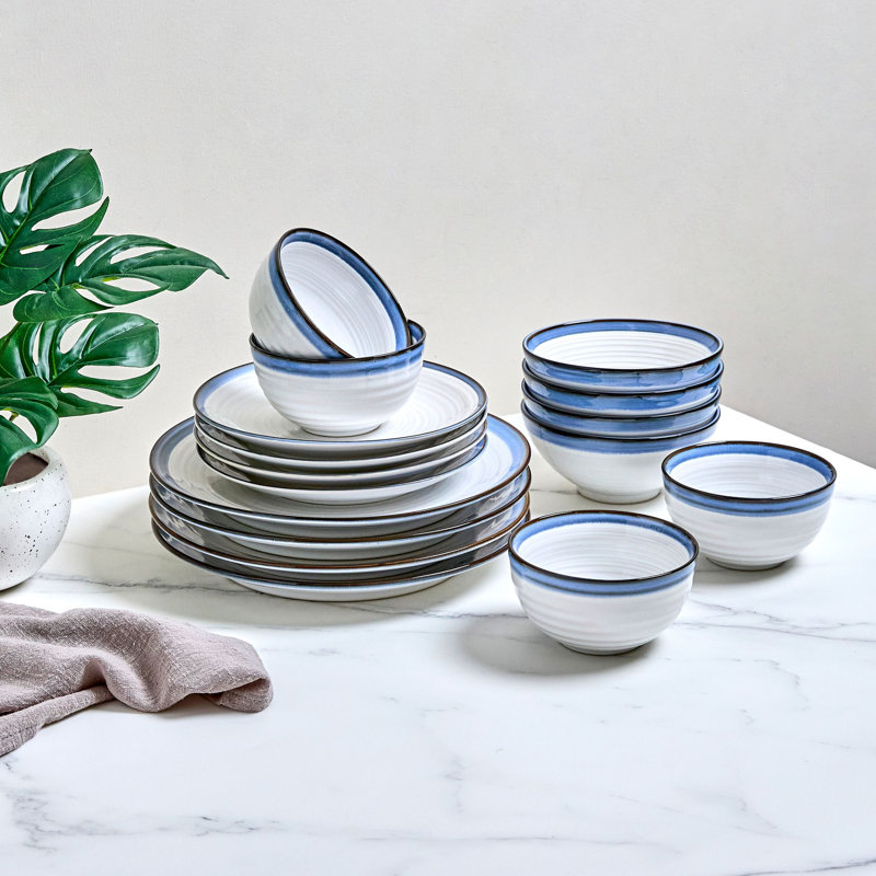 Siterra Artist's Blend Stoneware 16 Piece Dinnerware Set - Service for 4, Solid Color, White/Blue