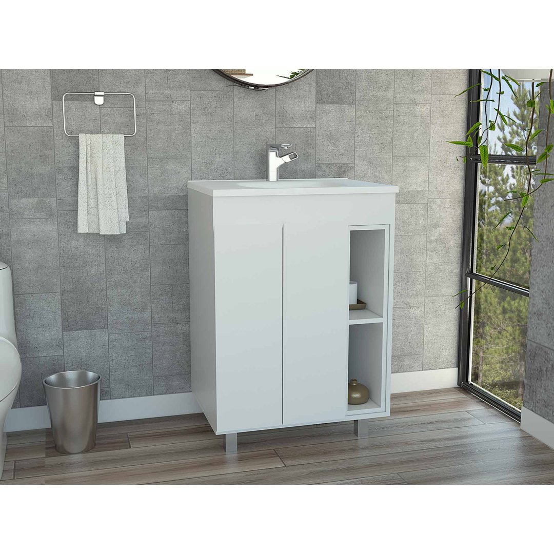 Meka 18-inch Bathroom Vanity with 2 External Shelves and Double Door Cabinet, White Ebern Designs Base