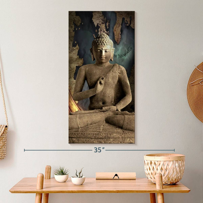 Ancienne impression sur toile Bouddha en pierre, H 30 po x l 15 po x P 1,25 po