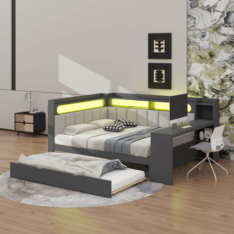 Full Size Daybed With Storage Shelves,Trundle,Charging Station,LED Light,Desk And Upholstered Headboard And Backrest, Gray