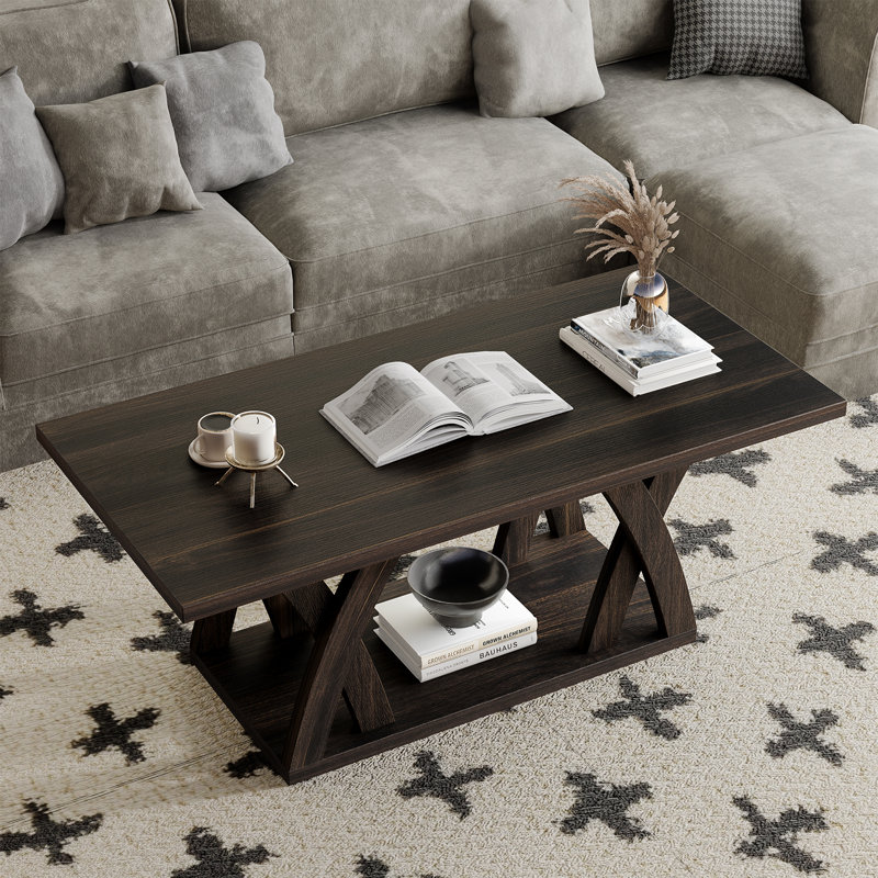 47.24" 2-tier Coffee Table with Storage for Living Room, Dark Brown