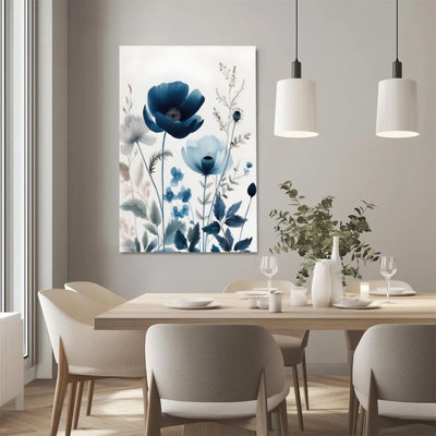 2D Flat, 1Pc Framed Canvas Wall Art, Blue Poppy, Ink Wash, New Chinese Watercolor Style Art Print Canvas Poster Painting Room Wall Decor, Ideal Gift,