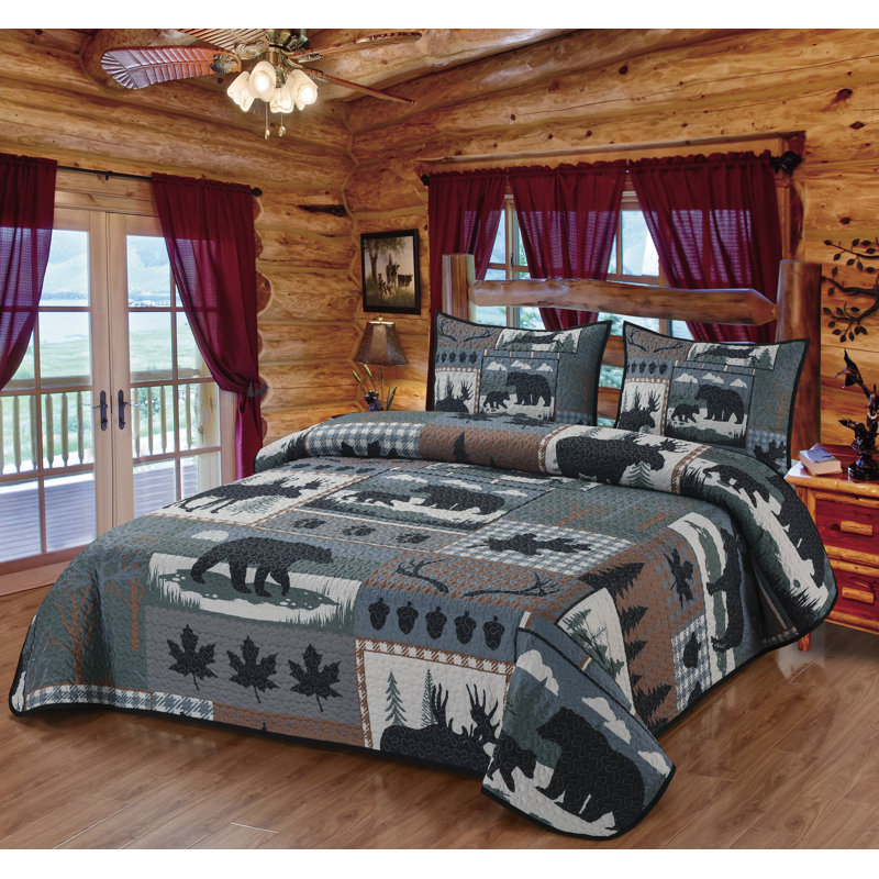 Deer Run Patchwork Quilt Quilted Bedding Set, Multi Color - Queen Size Quilt & 2 Standard Shams