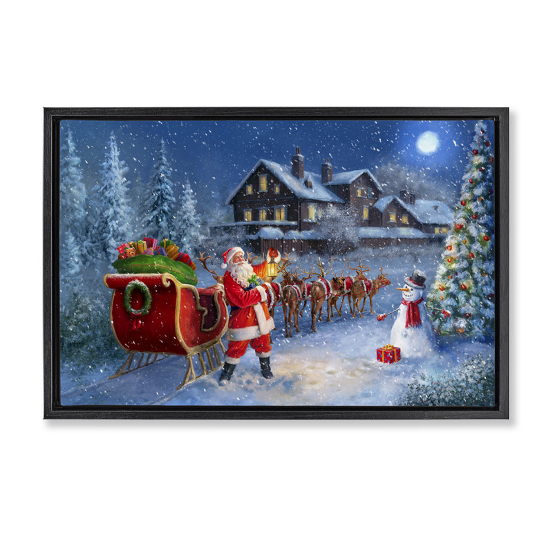 Santa's Sleigh & Lantern Canvas by Grateful Licensing Studio, Jet Black Floater Frame, 17" H x 25" W