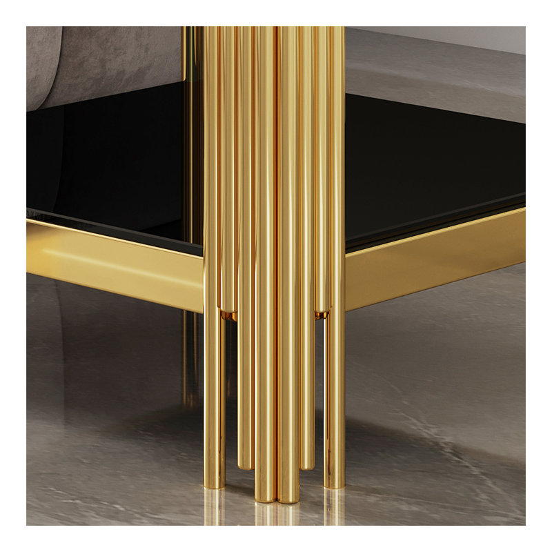 Table de bout en verre trempé à double couche supérieure et inférieure avec cadre en acier inoxydable à finition miroir, Noir