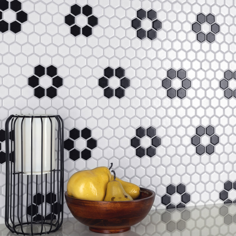 Metro 0.9" x 0.9" Hex Porcelain Honeycomb Mosaic Wall & Floor Tile, White/Black