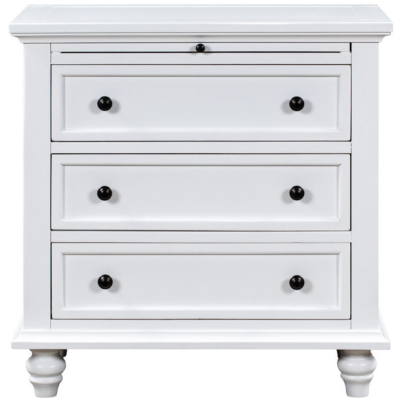 3-Drawer Storage Wood Cabinet, End Table with Pull out Tray, White