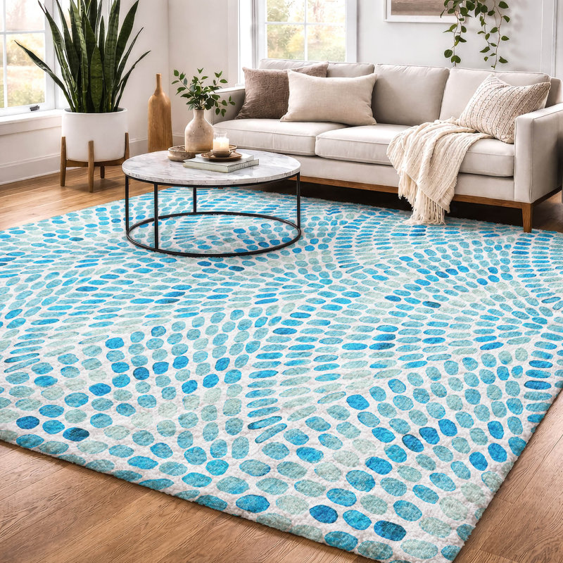 Premium Machine Washable Dream Shag ADS186 Dot Arches Rug, Aqua, 10' x 14'
