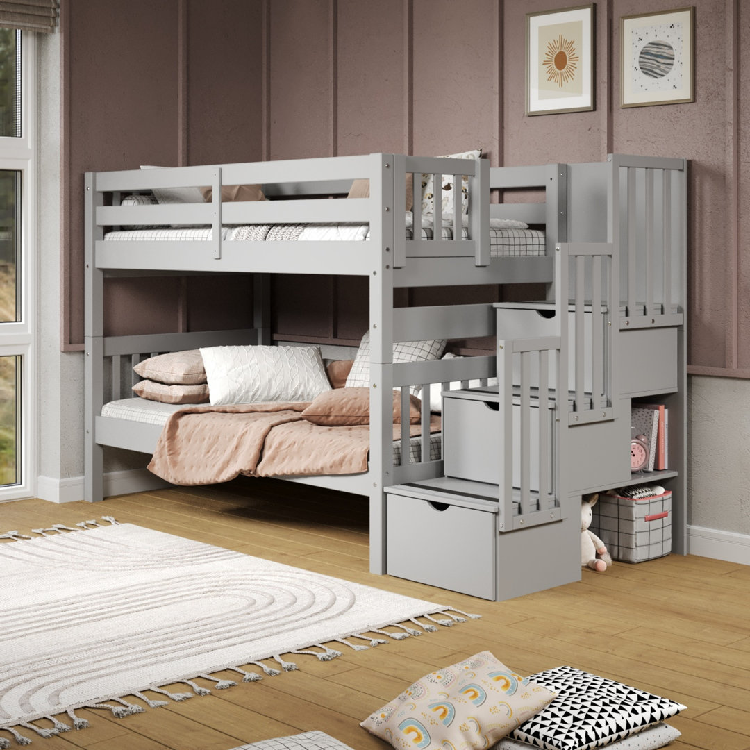 Tena Twin over Twin 3 Drawer Solid Wood Standard Bunk Beds with Stairway Harriet Bee Color: Gray