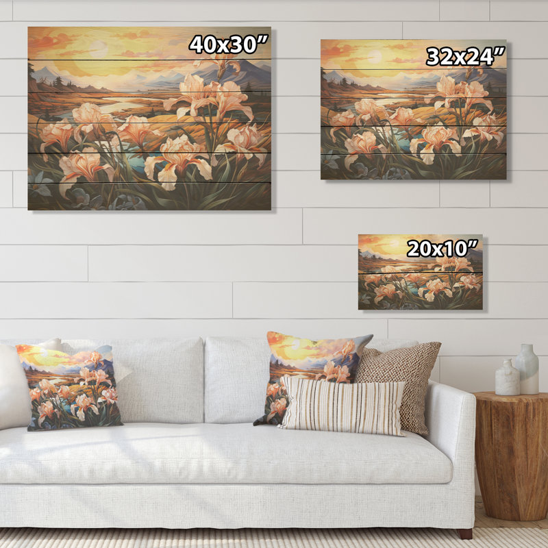 Iris Charm In Mountain I - Art mural en bois d'iris sur bois de pin naturel, H 24 po x l 32 po