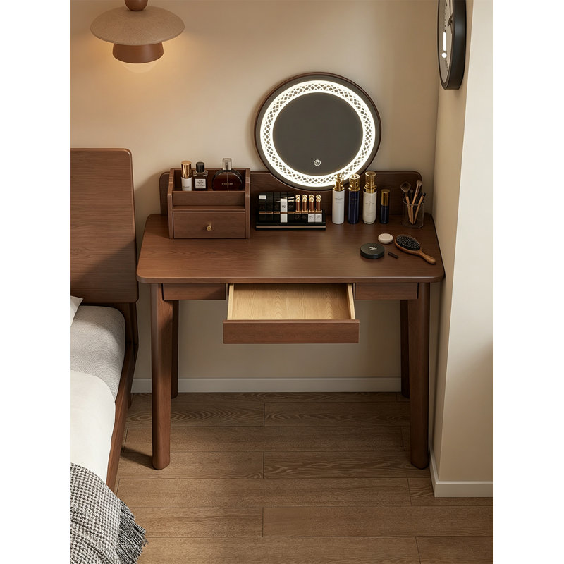 Coiffeuse vintage en bois massif avec miroir à éclairage DEL et tabouret de rangement.