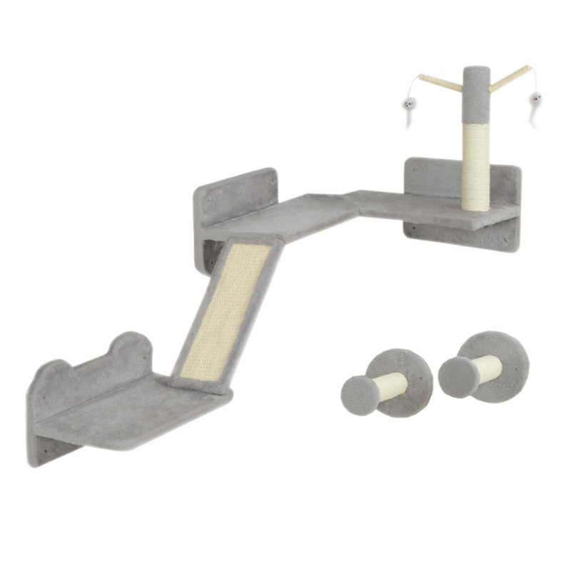3‑Piece Wall‑Mounted Cat Wall Furniture Set with Scratching Posts, Perches & Interactive Toys, Light Grey