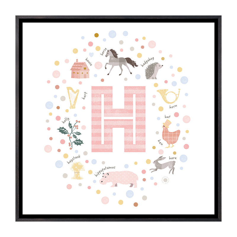 Lettre illustrée H rose - impression, Toile encadrée noir délavé, Pas de tapis, H 26 po x l 26 po x P 1,5 po