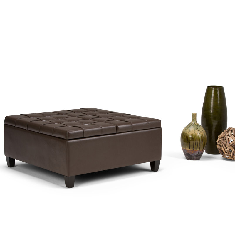 Repose-pieds carré en cuir végétalien transitionnel avec rangement caché Harrison, Similicuir brun chocolat