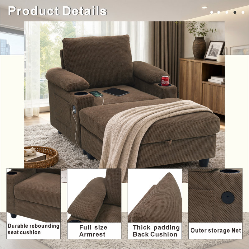 Chaise d'appoint avec repose-pieds avec rangement, méridienne convertible simple avec dossier inclinable, porte-gobelets, ports USB-C