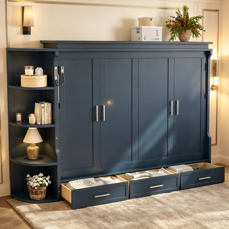 Lit escamotable escamotable, lit plateforme escamotable avec tablette, placards latéraux et tiroirs, lit-armoire pliable, lit caché multifonctionnel, lit-armoire convertible pour chambre d'amis, appartement ou bureau à domicile