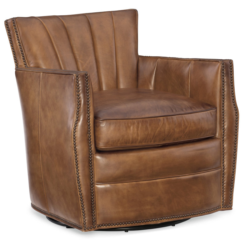 Carson Swivel Club Chair, Brown Genuine Leather