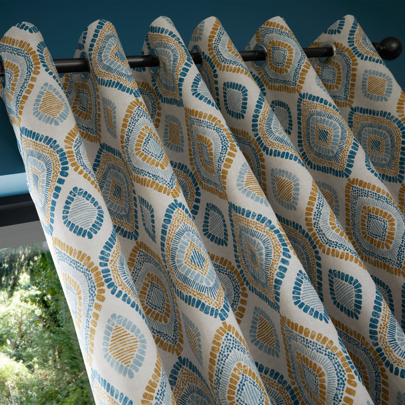 Ziri Geo Lined Eyelet Curtains, Teal/Yellow, 229 W x 229 D cm