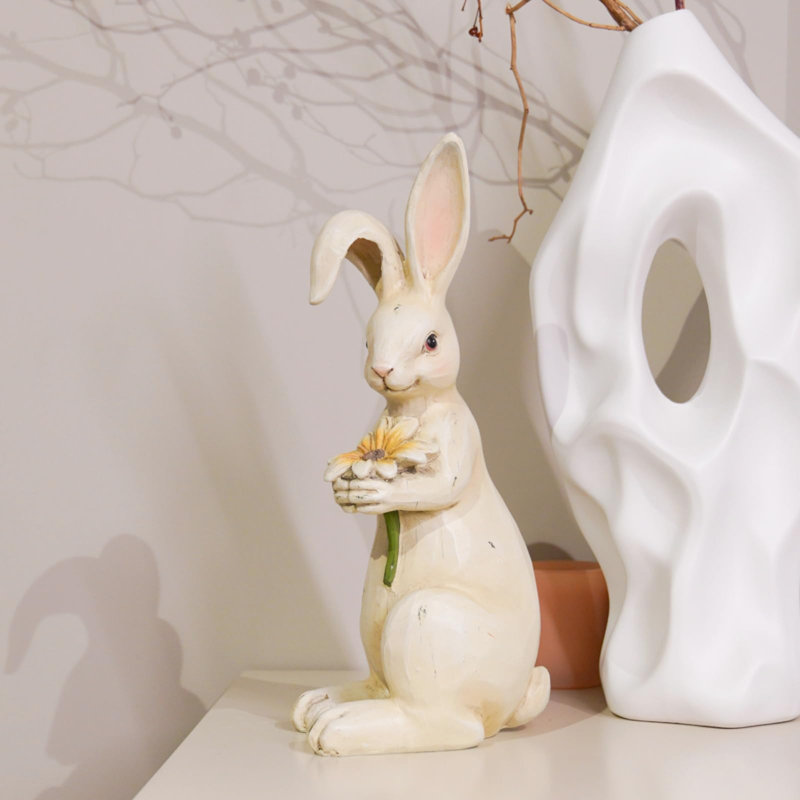 11" Easter Bunny Figurine Decor, Spring Rabbit Tabletop Statue, Farmhouse Easter Table Centerpiece