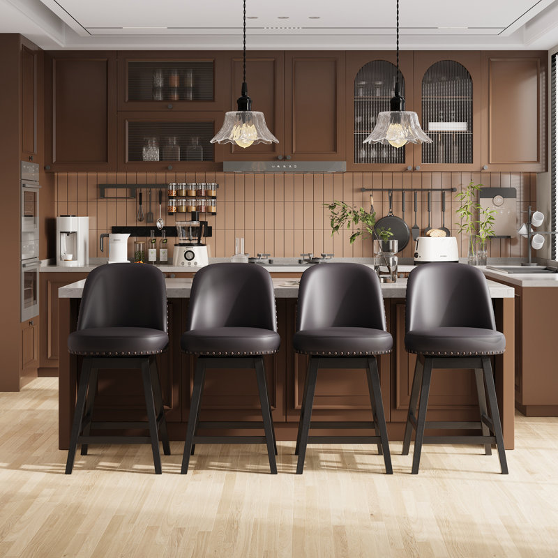 Vintage Upholstered Swivel Bar Stool with Solid Wood Legs, Black
