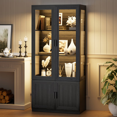Curio Display Cabinet with Doors, Bookcase with LED Lights, Black by Wrought Studio