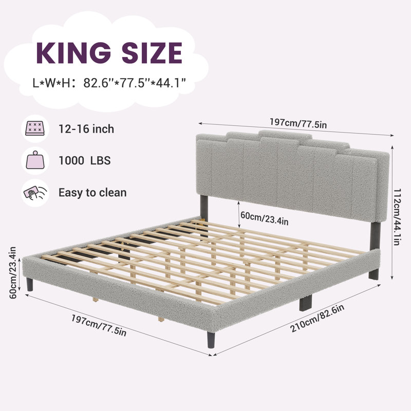 KING-Boucle Upholstered Solid Wood Bed Frame Soft Cloud Headboard Low Profile Bed Frame with RGB LED Lights（No Mattress Included）