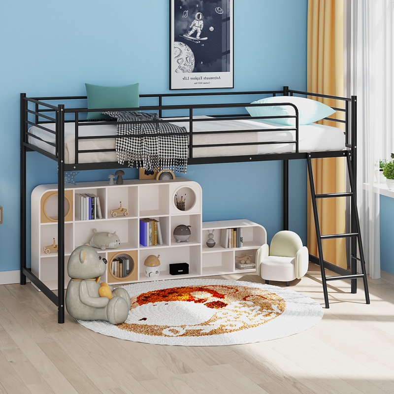 Junior Metal Twin Loft Bed With Guard Rails And Stairs, Black