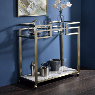 Clear Glass, Faux Marble Top & Wire Brass Finish Serving Cart