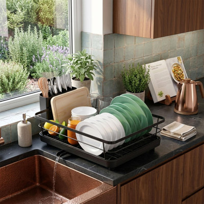 Égouttoir à vaisselle compact pour comptoir de cuisine, égouttoir à vaisselle en acier inoxydable avec porte-couverts et égouttoir, support pour évier