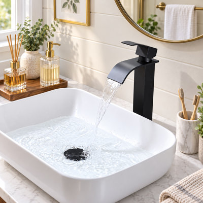 Robinet de lavabo à vasque cascade haut, en acier inoxydable noir mat, sans trop-plein et bonde escamotable.