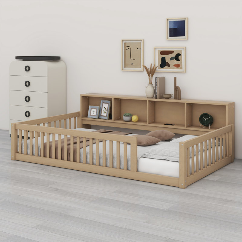 Lit au sol avec armoires de rangement et ports USB, Brun