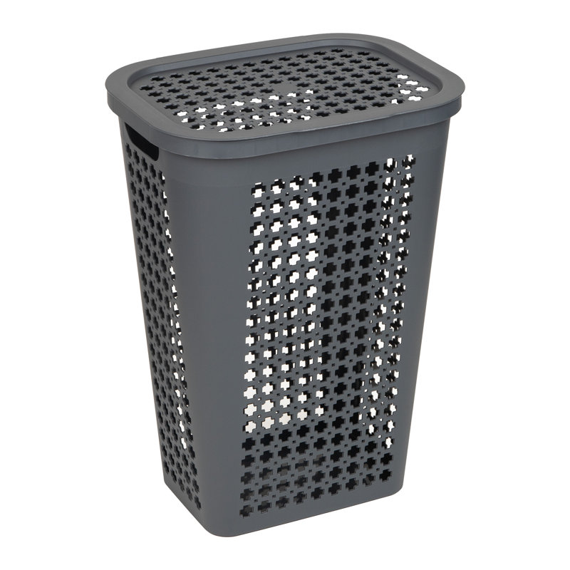  Slim Tapered Laundry Hamper with Lid, Clothes Basket with Swiss Cross Cut-Outs, Lightweight & Ventilated, Plastic, Gray